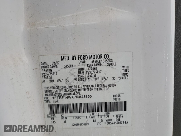 2007 Ford F-150 XL with VIN 1FTRF14WX7NA48855, listed as a Copart auction lot 49223495 with 195,957 mi miles and Clean title. Bid and sale history available at DreamBid. Image 12.