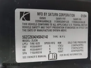 2004 Saturn VUE V6 with VIN 5GZCZ63424S842142, listed as a IAAI auction lot 41562303 with 178,745 mi miles. Bid and sale history available at carsss.com. Image 9.