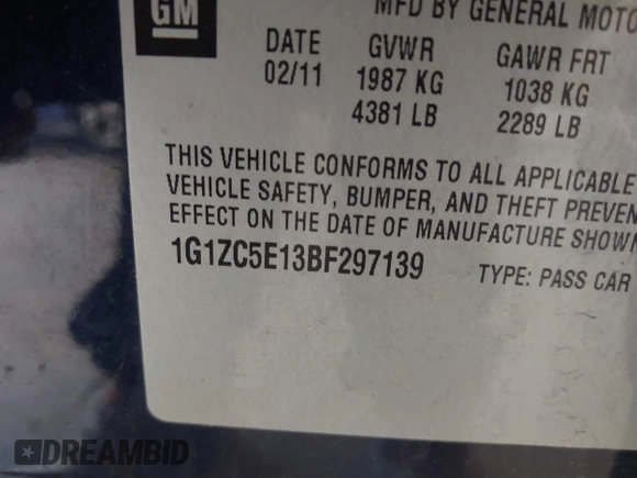 2011 Chevrolet Malibu 1LT with VIN 1G1ZC5E13BF297139, listed as a IAAI auction lot 42114239 with 152,064 mi miles and . Bid and sale history available at DreamBid. Image 9.
