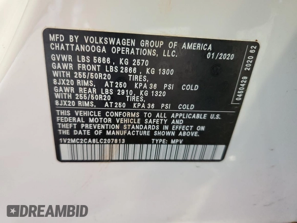 2020 Volkswagen Atlas SEL with VIN 1V2MC2CA8LC207813, listed as a Copart auction lot 60462175 with 36,323 mi miles and Salvage title. Bid and sale history available at DreamBid. Image 14.