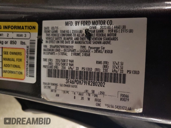 2015 Ford Fusion SE with VIN 3FA6P0H79FR280202, listed as a Copart auction lot 51794965 with 115,761 mi miles and Salvage Title. Bid and sale history available at DreamBid. Image 12.