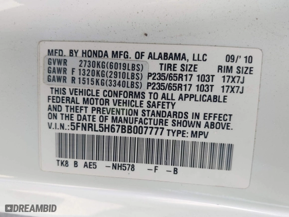 2011 Honda Odyssey EX-L with VIN 5FNRL5H67BB007777, listed as a IAAI auction lot 41402903 with 210,921 mi miles. Bid and sale history available at carsss.com. Image 9.