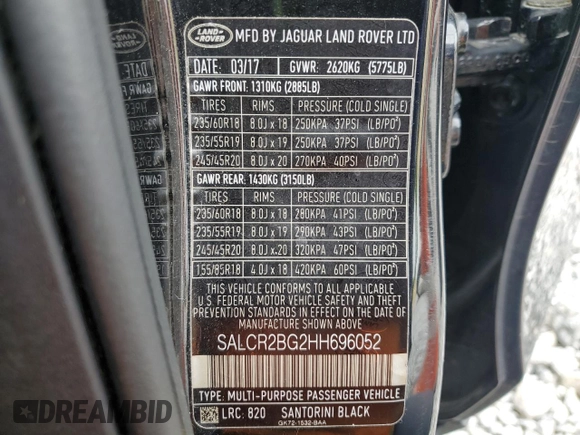 2017 Land Rover Discovery Sport HSE z VIN SALCR2BG2HH696052, wystawiony jako Copart lot #57586135 z przebiegiem 78 934 mil mil oraz Szkoda całkowita • Salvage title. Historia ofert i sprzedaży dostępna na DreamBid. Obrazek 14.