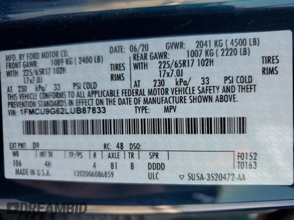 2020 Ford Escape SE z VIN 1FMCU9G62LUB87833, wystawiony jako Copart lot #60777545 z przebiegiem 28 809 mil mil oraz Szkoda całkowita • Salvage title. Historia ofert i sprzedaży dostępna na DreamBid. Obrazek 13.