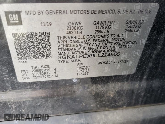 2020 GMC Terrain SLT with VIN 3GKALPEX9LL214555, listed as a Copart auction lot 54550555 with 93,250 mi miles and Salvage title. Bid and sale history available at DreamBid. Image 13.