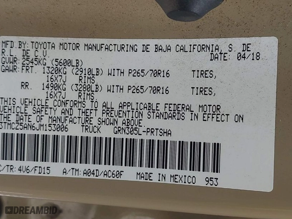 2018 Toyota Tacoma SR with VIN 3TMCZ5AN6JM153006, listed as a IAAI auction lot 41662705 with 176,659 mi miles. Bid and sale history available at carsss.com. Image 9.