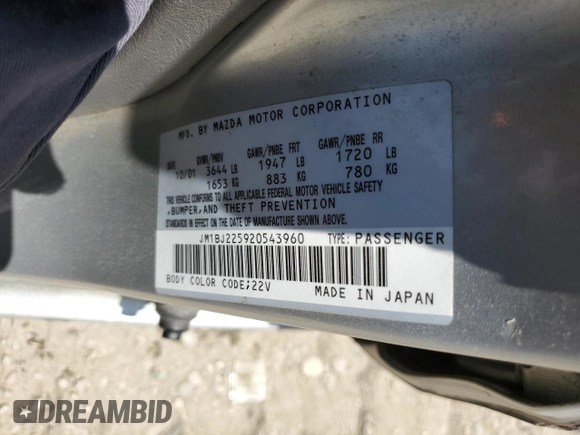 2002 Mazda Protege DX z VIN JM1BJ225920543960, wystawiony jako Copart lot #56336555 z przebiegiem 173 874 mil mil oraz Szkoda całkowita • Salvage title. Historia ofert i sprzedaży dostępna na DreamBid. Obrazek 12.