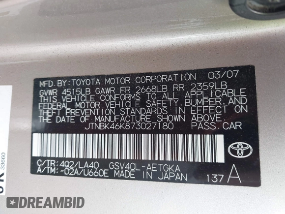 2007 Toyota Camry LE with VIN JTNBK46K873027180, listed as a IAAI auction lot 42194654 with 78,980 mi miles and . Bid and sale history available at DreamBid. Image 9.