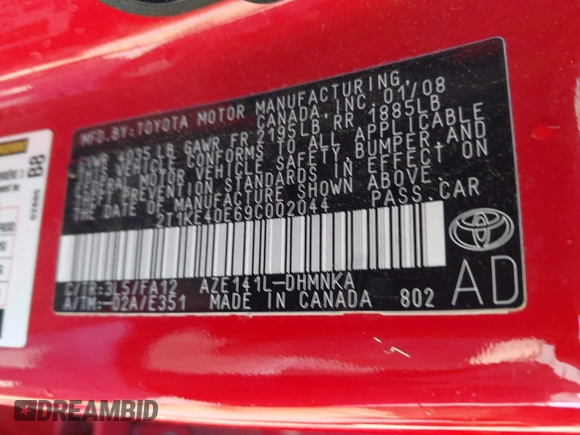 2009 Toyota Matrix S with VIN 2T1KE40E69C002044, listed as a IAAI auction lot 41919248 with 55,255 mi miles. Bid and sale history available at carsss.com. Image 9.