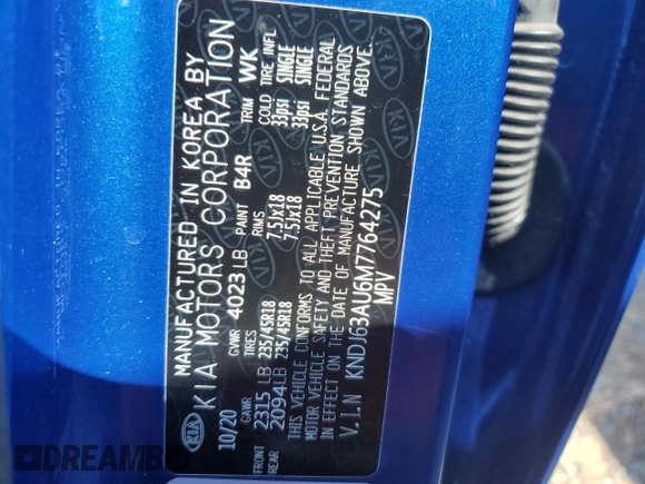 2021 Kia Soul GT-Line with VIN KNDJ63AU6M7764275, listed as a Copart auction lot 63784354 with 37,027 mi miles and Salvage Title. Bid and sale history available at DreamBid. Image 12.