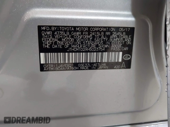 2017 Lexus IS 300 with VIN JTHCM1D2XH5023754, listed as a IAAI auction lot 42301540 with 108,293 mi miles and . Bid and sale history available at DreamBid. Image 9.
