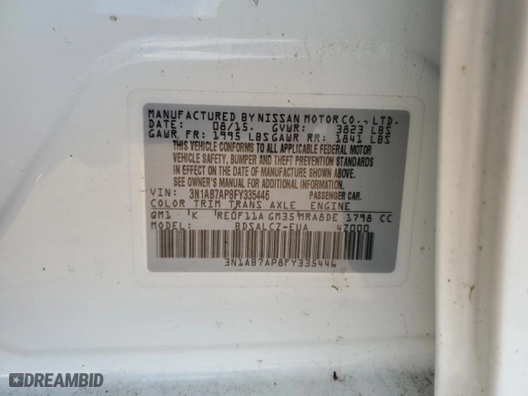 2015 Nissan Sentra SV with VIN 3N1AB7AP8FY335446, listed as a Copart auction lot 72381474 with 64,013 mi miles and Salvage Title. Bid and sale history available at carsss.com. Image 12.