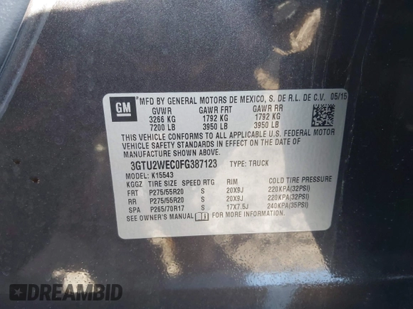 2015 GMC Sierra 1500 Denali with VIN 3GTU2WEC0FG387123, listed as a IAAI auction lot 41420286 with 178,385 mi miles. Bid and sale history available at carsss.com. Image 9.