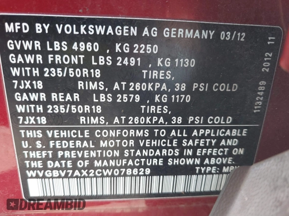 2012 Volkswagen Tiguan S with VIN WVGBV7AX2CW078629, listed as a IAAI auction lot 41332445 with 94,239 mi miles and . Bid and sale history available at DreamBid. Image 9.