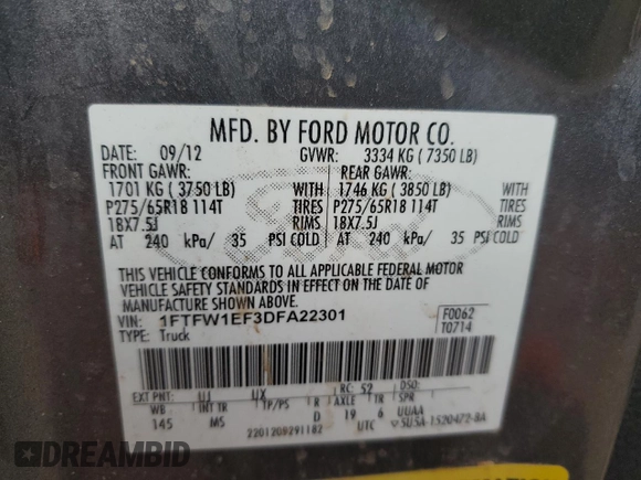 2013 Ford F-150 XL with VIN 1FTFW1EF3DFA22301, listed as a Copart auction lot 49437525 with Not Provided miles and Salvage Title. Bid and sale history available at DreamBid. Image 14.