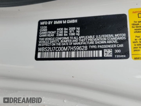2021 BMW M2 Competition with VIN WBS2U7C00M7H59628, listed as a Copart auction lot 71057954 with 26,581 mi miles and Non Repairable. Bid and sale history available at carsss.com. Image 13.