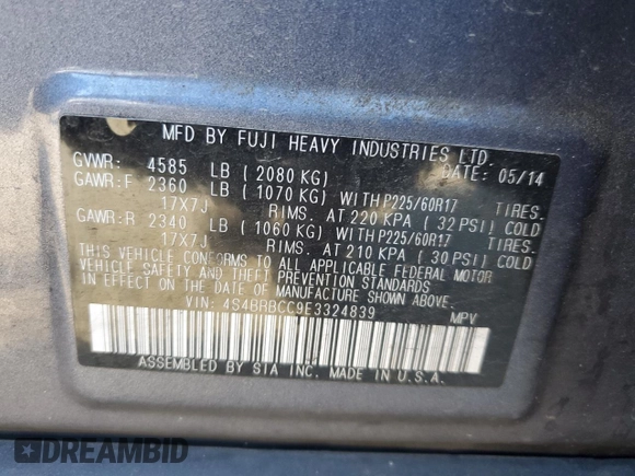 2014 Subaru Outback Premium with VIN 4S4BRBCC9E3324839, listed as a Copart auction lot 48497175 with 108,819 mi miles and Salvage Title. Bid and sale history available at DreamBid. Image 13.