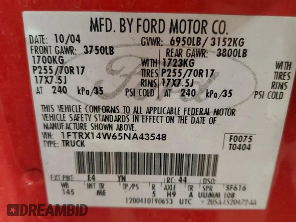 2005 Ford F-150 STX with VIN 1FTRX14W65NA43548, listed as a Copart auction lot 53293315 with Not Provided miles and Salvage Title. Bid and sale history available at carsss.com. Image 12.