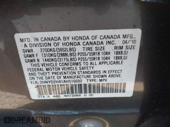2010 Acura MDX Technology with VIN 2HNYD2H41AH516692, listed as a IAAI auction lot 37644095 with 183,058 mi miles and . Bid and sale history available at DreamBid. Image 9.