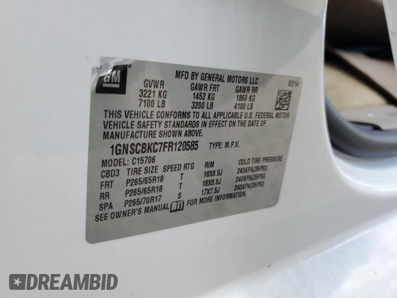 2015 Chevrolet Tahoe LT with VIN 1GNSCBKC7FR120585, listed as a Copart auction lot 49105195 with 139,451 mi miles and Clean Title. Bid and sale history available at DreamBid. Image 13.
