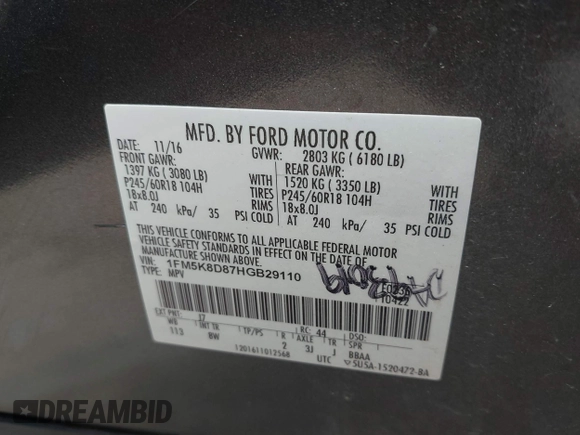 2017 Ford Explorer XLT z VIN 1FM5K8D87HGB29110, wystawiony jako IAAI lot #42523409 z przebiegiem 124 818 mil mil oraz . Historia ofert i sprzedaży dostępna na DreamBid. Obrazek 9.