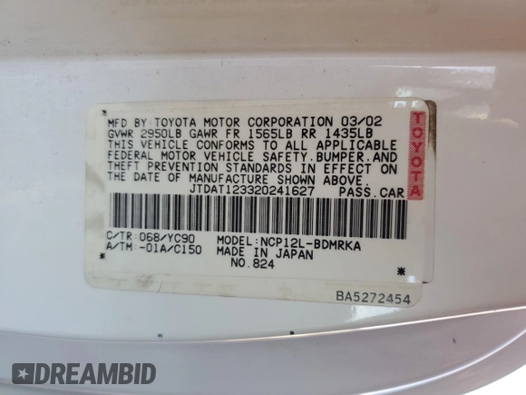 2002 Toyota ECHO with VIN JTDAT123320241627, listed as a Copart auction lot 48239285 with 240,650 mi miles and Salvage Title. Bid and sale history available at DreamBid. Image 14.