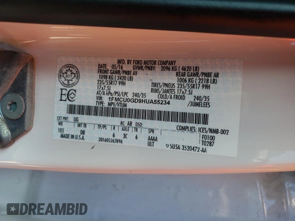 2017 Ford Escape SE with VIN 1FMCU0GD9HUA55234, listed as a Copart auction lot 54173385 with 216,896 mi miles and Clean Title. Bid and sale history available at DreamBid. Image 13.