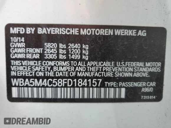 2015 BMW 5 Series 535i Gran Turismo xDrive with VIN WBA5M4C58FD184157, listed as a Copart auction lot 57967525 with 136,363 mi miles and Clean title. Bid and sale history available at DreamBid. Image 12.