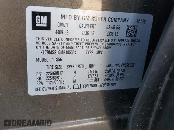 2021 Chevrolet TrailBlazer ACTIV with VIN KL79MSSL6MB105504, listed as a Copart auction lot 48411895 with 34,978 mi miles and Salvage Title. Bid and sale history available at DreamBid. Image 14.