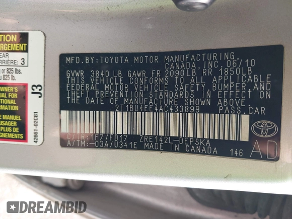 2010 Toyota Corolla with VIN 2T1BU4EE4AC433899, listed as a IAAI auction lot 41937830 with 155,761 mi miles and . Bid and sale history available at DreamBid. Image 9.