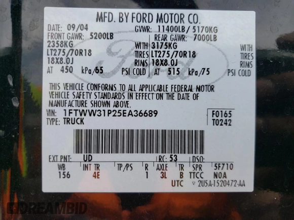 2005 Ford F-350 XL с VIN 1FTWW31P25EA36689, выставлен на аукционе Copart как лот 54117095 с пробегом 230 370 миль миль и Списание • Salvage title. История ставок и продаж доступна на DreamBid. Изображение 12.
