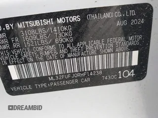 2024 Mitsubishi Mirage ES z VIN ML32FUFJ0RHF14238, wystawiony jako IAAI lot #41991662 z przebiegiem 1 530 mil mil oraz . Historia ofert i sprzedaży dostępna na DreamBid. Obrazek 9.