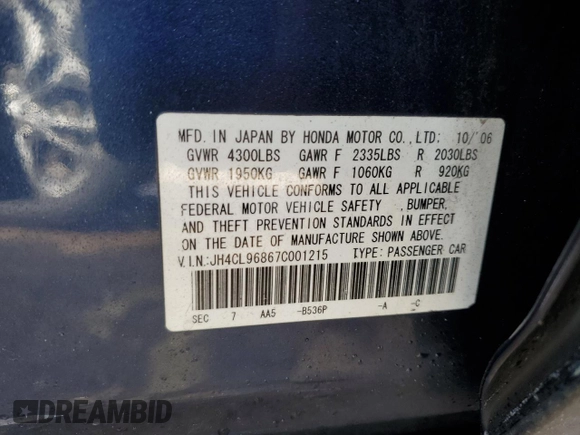 2007 Acura TSX with VIN JH4CL96867C001215, listed as a Copart auction lot 44107754 with 0 mi miles and Salvage Title. Bid and sale history available at carsss.com. Image 12.