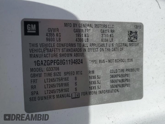 2016 Chevrolet Express Passenger LT with VIN 1GAZGPFG8G1194824, listed as a Copart auction lot 57914775 with 45,291 mi miles and Clean title. Bid and sale history available at DreamBid. Image 13.