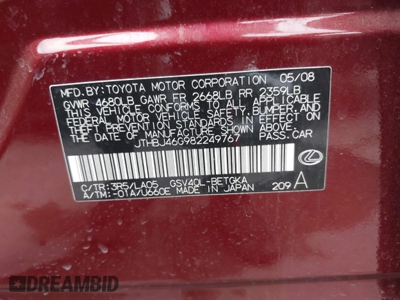 2008 Lexus ES 330 z VIN JTHBJ46G982249767, wystawiony jako IAAI lot #42285179 z przebiegiem 166 494 mil mil oraz . Historia ofert i sprzedaży dostępna na DreamBid. Obrazek 9.