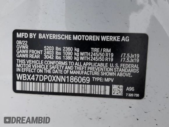 2022 BMW X3 sDrive30i with VIN WBX47DP0XNN186069, listed as a Copart auction lot 87093994 with 22,205 mi miles and Salvage Title. Bid and sale history available at DreamBid. Image 13.