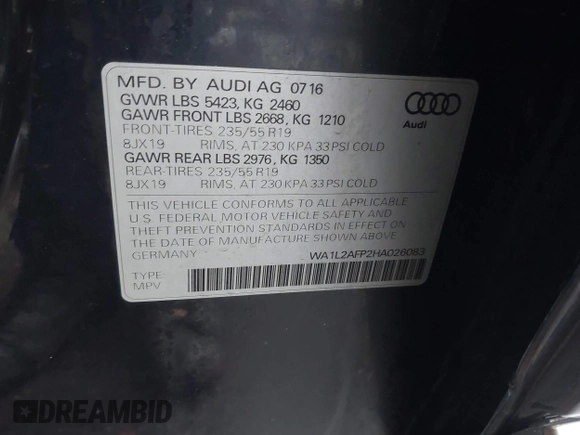 2017 Audi Q5 Premium Plus z VIN WA1L2AFP2HA026083, wystawiony jako IAAI lot #41863482 z przebiegiem 131 384 mil mil oraz . Historia ofert i sprzedaży dostępna na DreamBid. Obrazek 9.