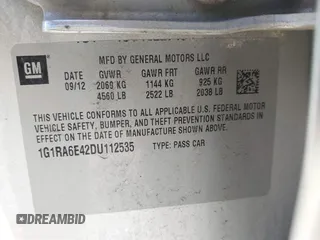 2013 Chevrolet Volt with VIN 1G1RA6E42DU112535, listed as a IAAI auction lot 42149877 with 79,979 mi miles and . Bid and sale history available at carsss.com. Image 9.