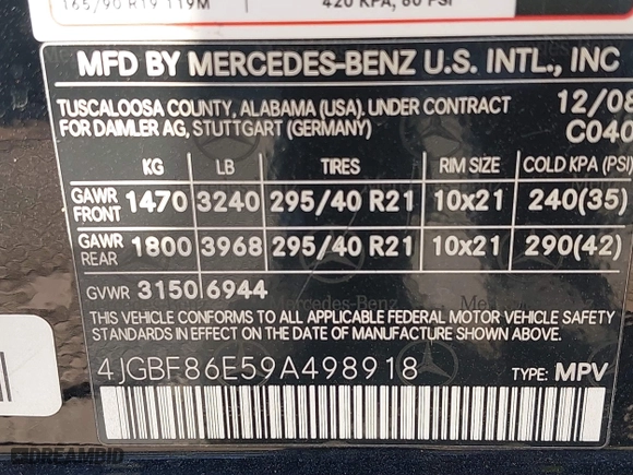 2009 Mercedes-Benz GL-Class 5.5L with VIN 4JGBF86E59A498918, listed as a IAAI auction lot 40603852 with 226,239 mi miles. Bid and sale history available at carsss.com. Image 9.