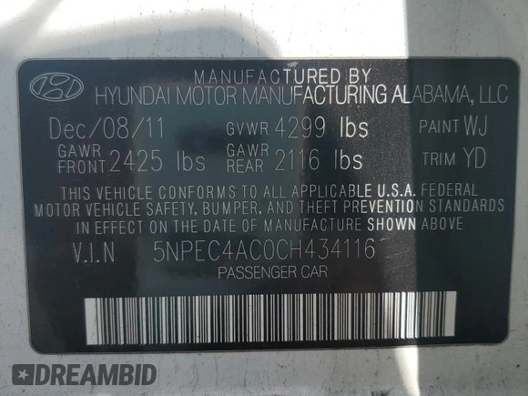 2012 Hyundai Sonata Limited with VIN 5NPEC4AC0CH434116, listed as a Copart auction lot 55217325 with 128,011 mi miles and Salvage Title. Bid and sale history available at DreamBid. Image 12.