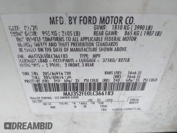 2020 Ford EcoSport S with VIN MAJ3S2FE0LC366183, listed as a IAAI auction lot 41951752 with 115,037 mi miles. Bid and sale history available at carsss.com. Image 9.