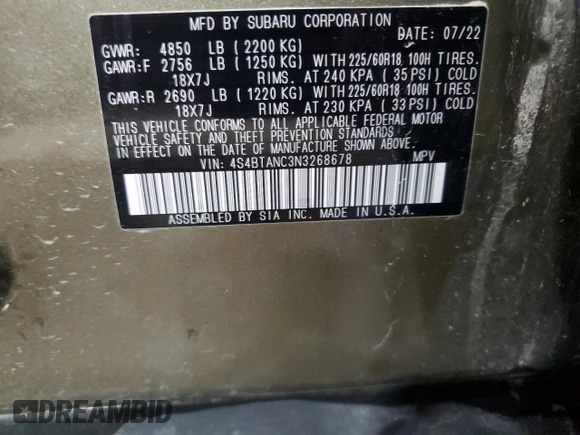 2022 Subaru Outback Limited with VIN 4S4BTANC3N3268678, listed as a Copart auction lot 62884035 with 37,360 mi miles and Salvage title. Bid and sale history available at DreamBid. Image 13.