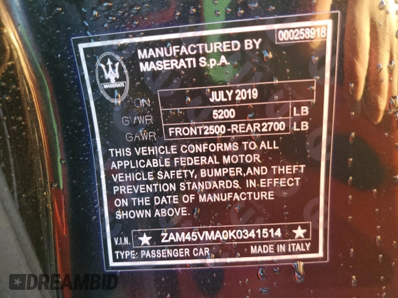 2019 Maserati GranTurismo Sport z VIN ZAM45VMA0K0341514, wystawiony jako Copart lot #72434174 z przebiegiem 16 775 mil mil oraz Szkoda całkowita • Salvage title. Historia ofert i sprzedaży dostępna na DreamBid. Obrazek 12.