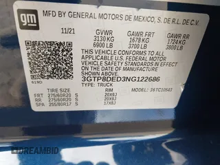 2022 GMC Sierra 1500 Limited SLT with VIN 3GTP8DED3NG122686, listed as a IAAI auction lot 41169237 with 67,009 mi miles. Bid and sale history available at carsss.com. Image 9.