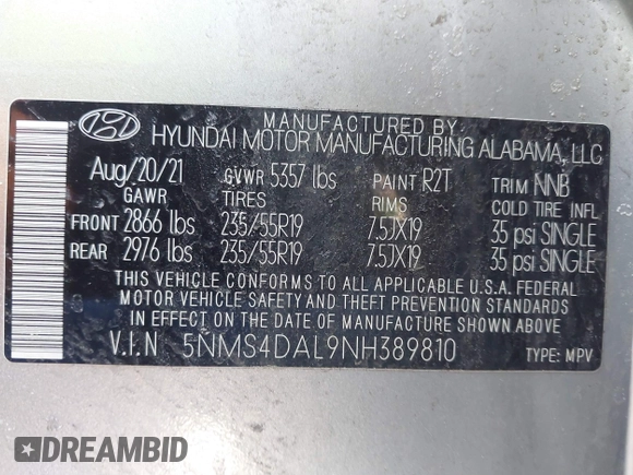 2022 Hyundai Santa Fe Limited with VIN 5NMS4DAL9NH389810, listed as a IAAI auction lot 41810611 with 40,275 mi miles. Bid and sale history available at carsss.com. Image 9.