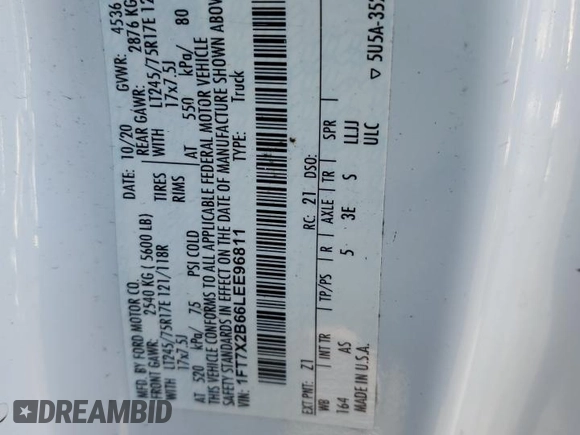 2020 Ford F-250 XL z VIN 1FT7X2B66LEE96811, wystawiony jako Copart lot #87681655 z przebiegiem 59 013 mil mil oraz Szkoda całkowita • Salvage title. Historia ofert i sprzedaży dostępna na DreamBid. Obrazek 12.