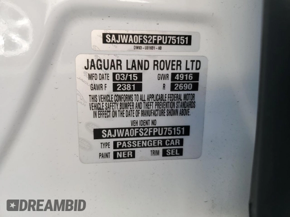 2015 Jaguar XF T Premium with VIN SAJWA0FS2FPU75151, listed as a Copart auction lot 87489784 with Not Provided miles and Clean Title. Bid and sale history available at carsss.com. Image 12.