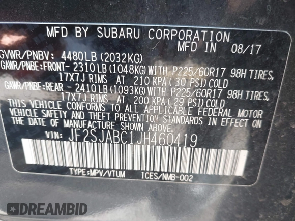 2018 Subaru Forester z VIN JF2SJABC1JH460419, wystawiony jako IAAI lot #42292895 z przebiegiem 141 486 mil mil oraz . Historia ofert i sprzedaży dostępna na DreamBid. Obrazek 9.