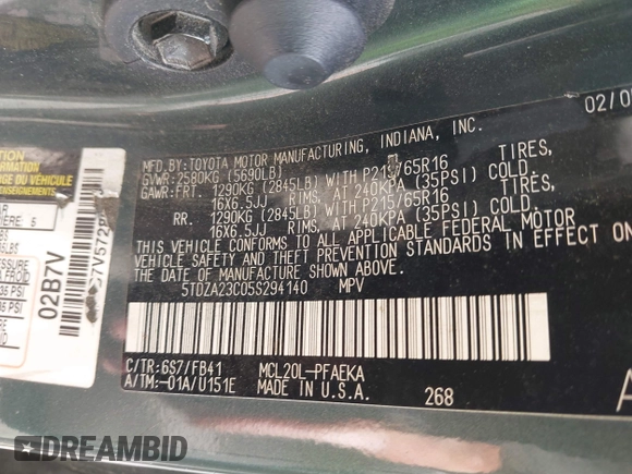2005 Toyota Sienna CE with VIN 5TDZA23C05S294140, listed as a IAAI auction lot 42192185 with 204,621 mi miles and . Bid and sale history available at DreamBid. Image 9.