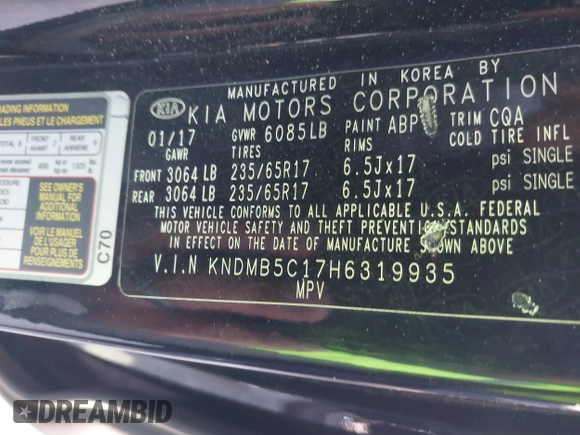 2017 Kia Sedona LX with VIN KNDMB5C17H6319935, listed as a IAAI auction lot 42025352 with 74,561 mi miles. Bid and sale history available at carsss.com. Image 9.
